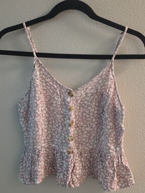 Floral Pink Button-Front Peplum Crop Cami Top